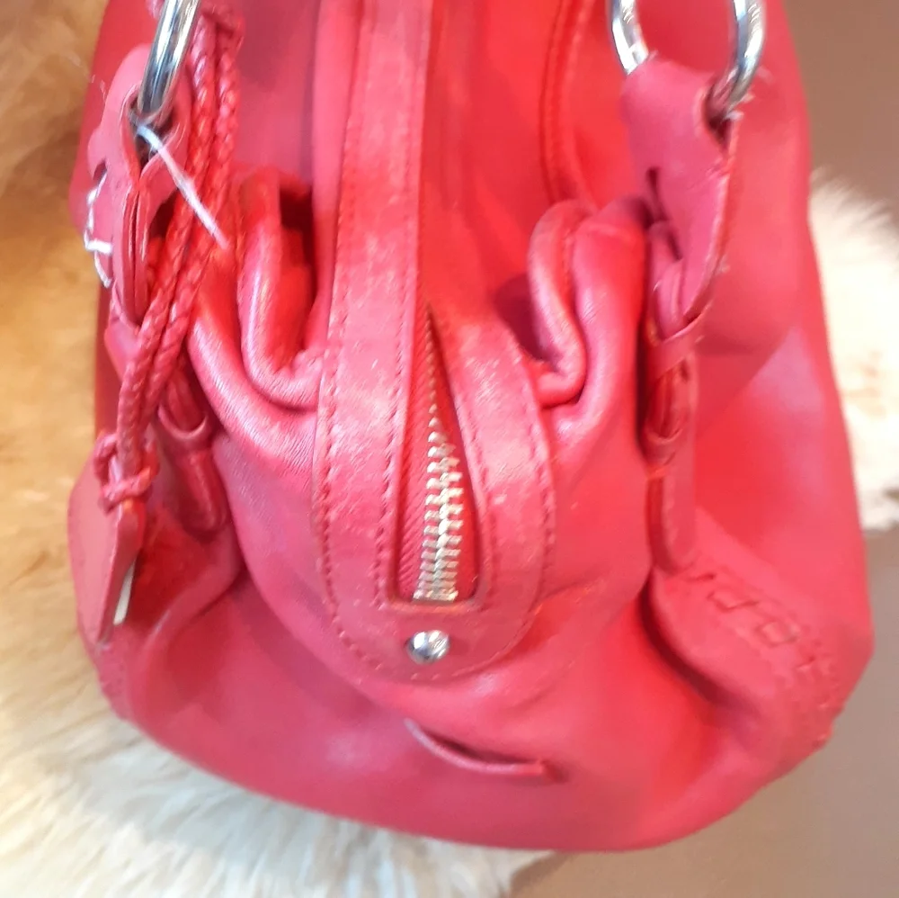 Cole Haan Hobo Apple red Leather purse satchel Tassel Braid trim